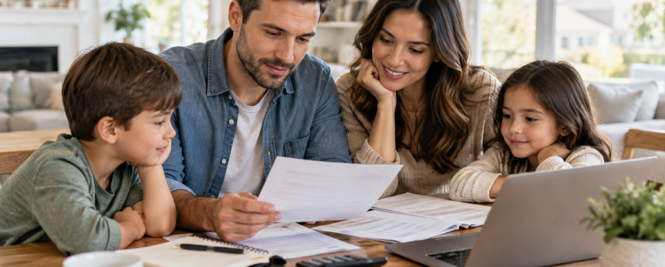 : Parents reviewing finances while planning life insurance protection for their family.