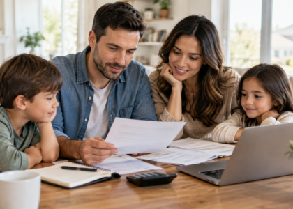 : Parents reviewing finances while planning life insurance protection for their family.