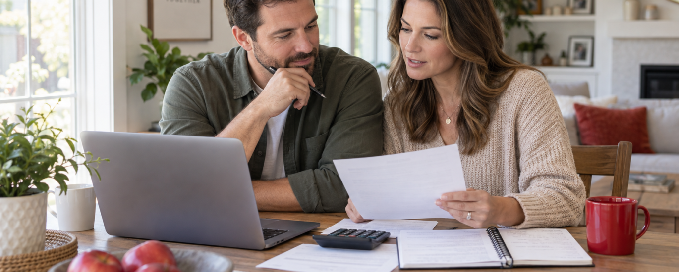Couple reviewing life insurance policy options and financial protection needs at home.