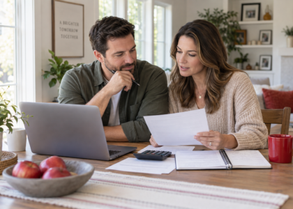 Couple reviewing life insurance policy options and financial protection needs at home.